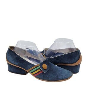 Vintage Jakki Athens Womens 9.5 Navy Suede Loafer Block Heel Shoes Narrow Retro